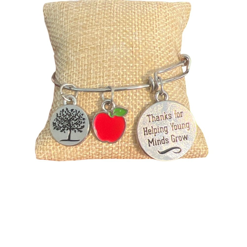 Silver Tone Adjustable Bangle Bracelet Teacher Gift Thanks Helping Apple Charm